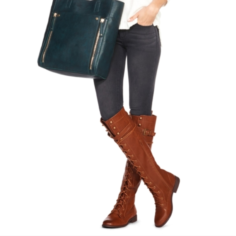 Brown Lace-up Knee High Boots, JustFab, 6.5 US